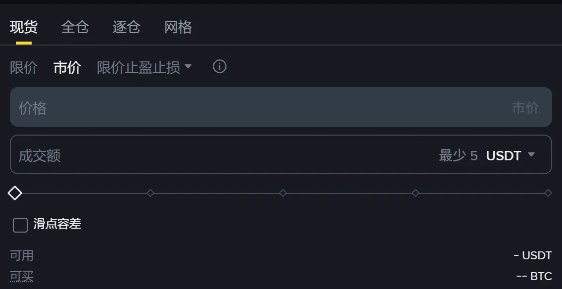 现货交易页下单区的买入一侧,订单类型选了市价,价格框显示市价,成交额一栏里灰字写着最少 5 USDT